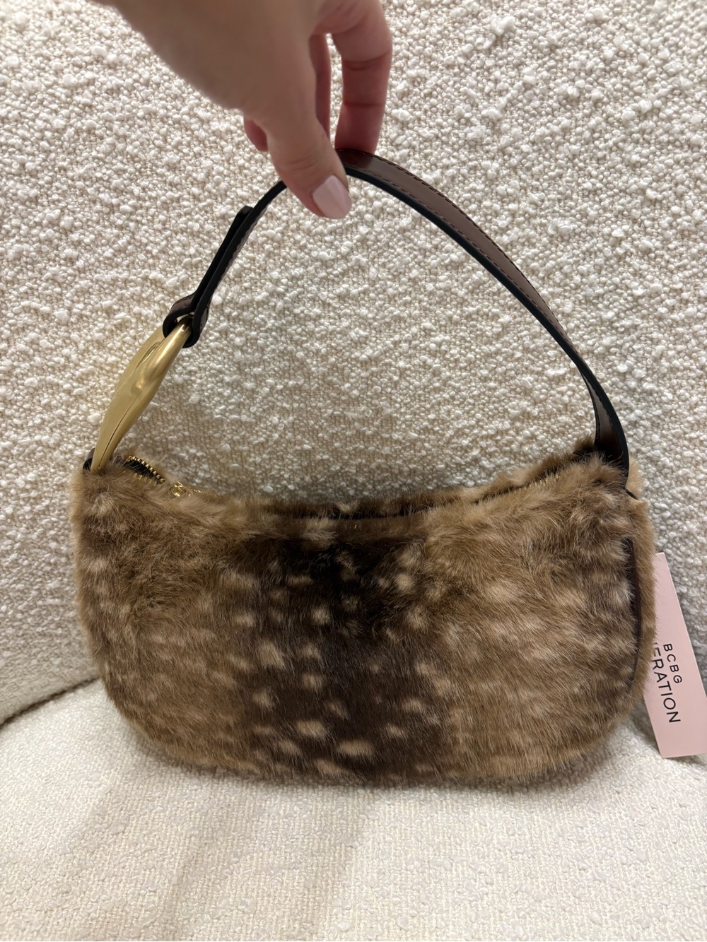 NWT BCBGeneration BAMBI Faux Fur Shoulder Bag with Black Strap Gold Hardware